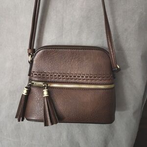 Brown Crossbody Top Zipper Bag Braided Faux Leather